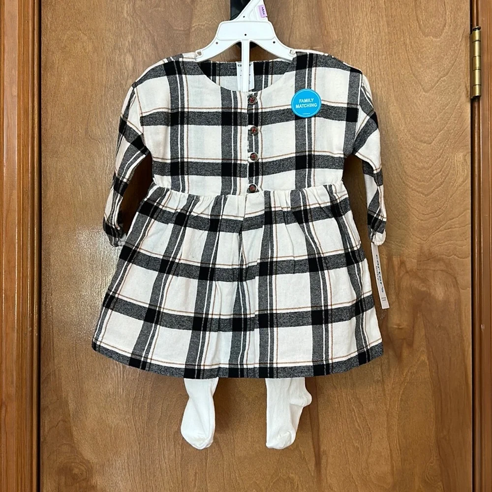 Girl’s 2 piece black and ivory plaid long sleeve dress with ribbed tights